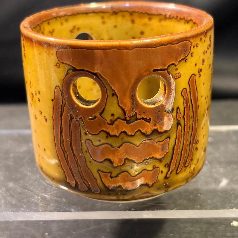 Vintage Ceramic Face Tea Light Candle Holder Speckled Brown Yellow Glaze